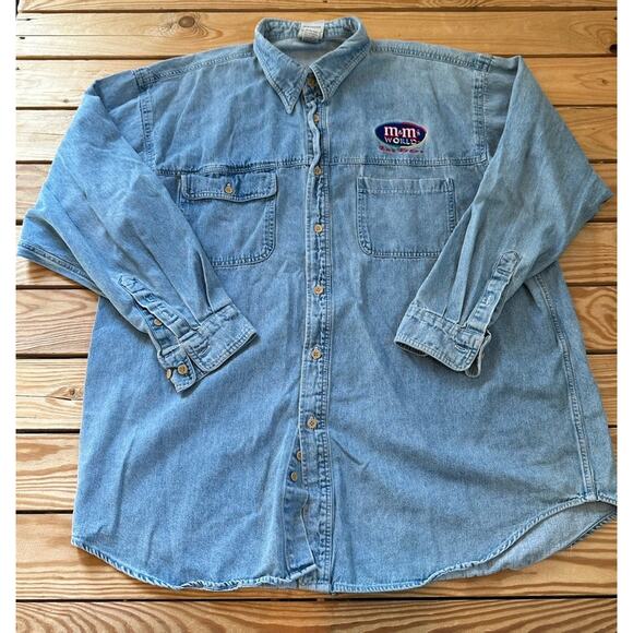 Vintage M&M’s Button Up Denim Shirt Size XL Blue Embroidered Laughing It Up - Picture 1 of 10